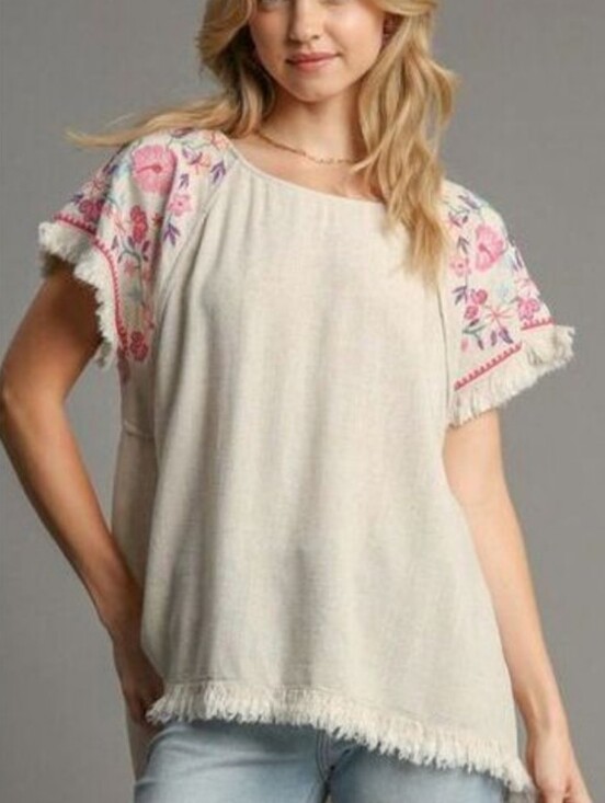 Umgee Tops - Umgee Embroidered Sleeves Linen Cotton Blend Round Neck w/ Frayed High Low Hem M